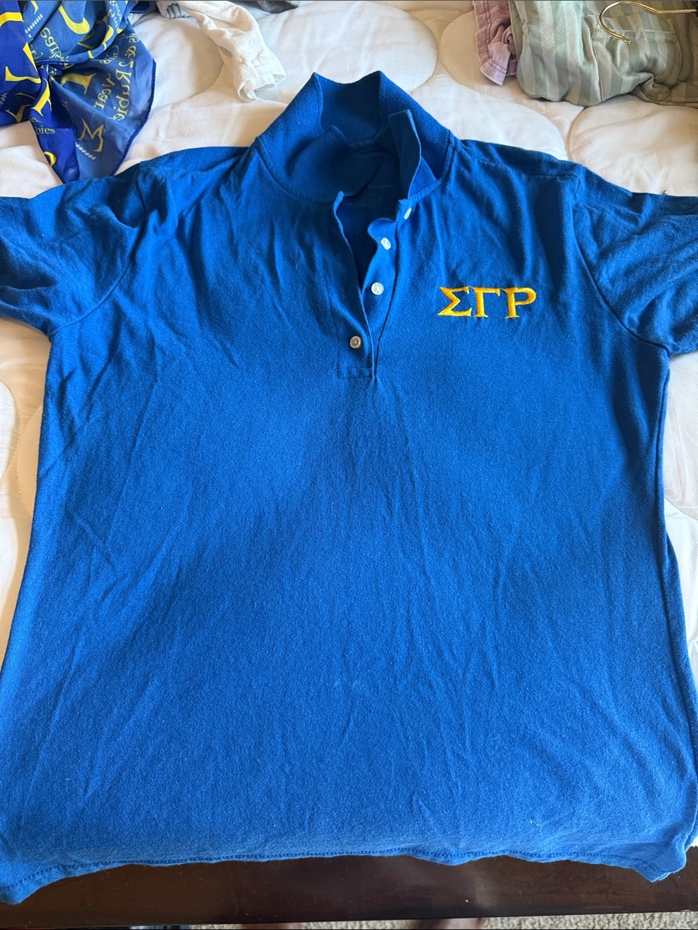 Blue Kids Polo Shirt with Yellow Greek Letter Embroidery